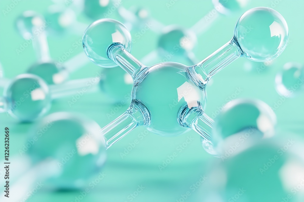 Leinwandbilder vibrant molecular structure with reflective spheres against a green background : generative ai