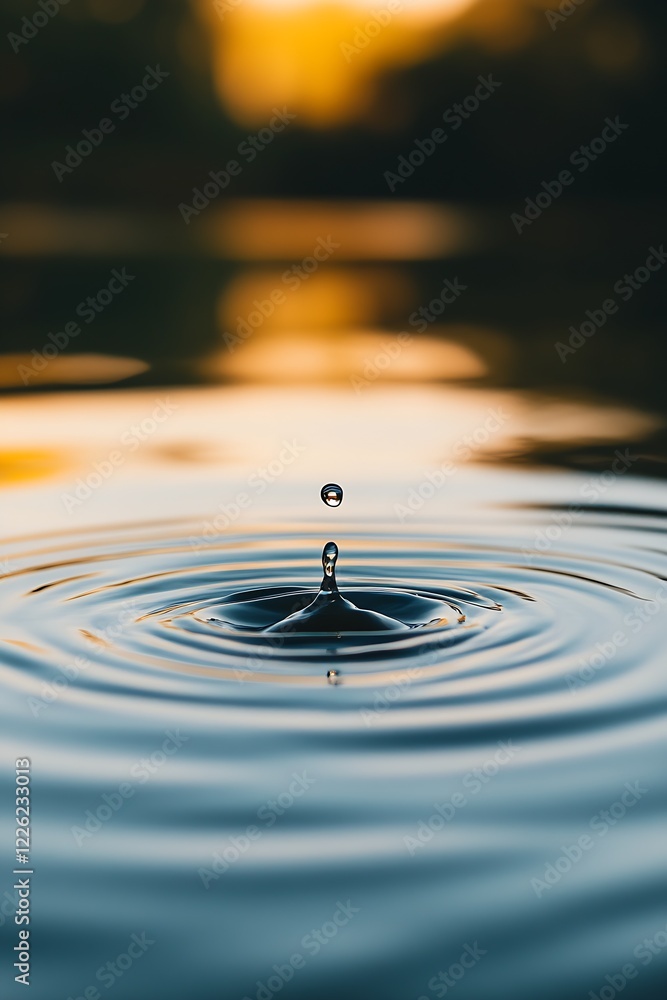 Poster Majestic Water Drop Falling into Smooth Rippling Lake with Sunset Reflection : Generative AI