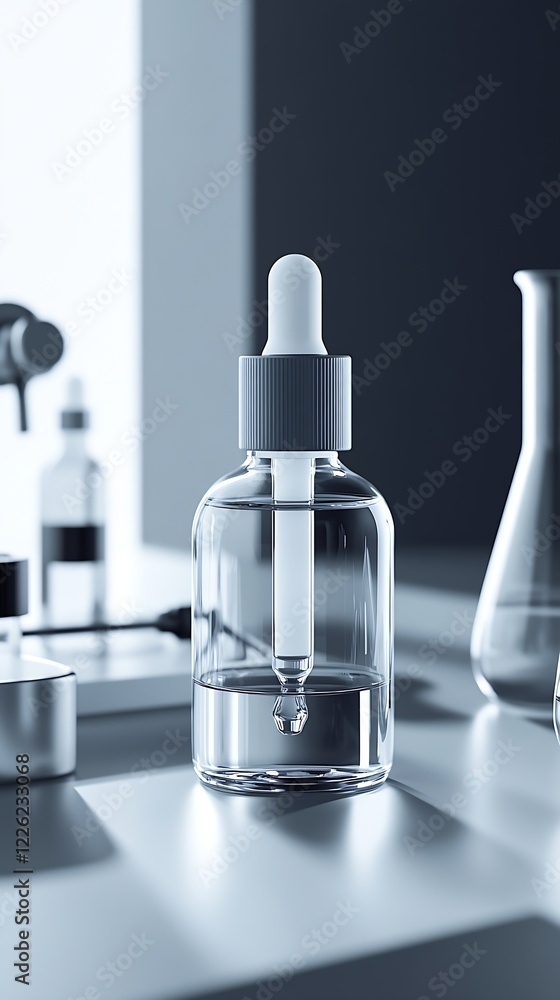 Poster minimalist clear dropper bottle in modern scientific setting : generative ai