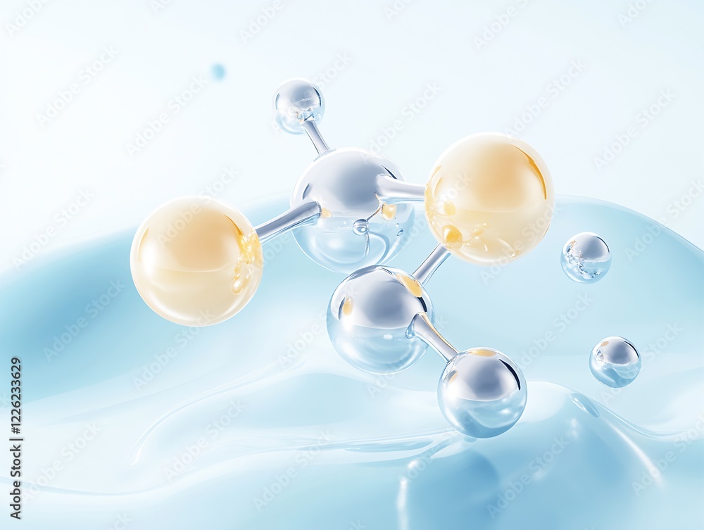Aufkleber Abstract Molecular Structure with Glossy Spheres on Light Blue Background : Generative AI