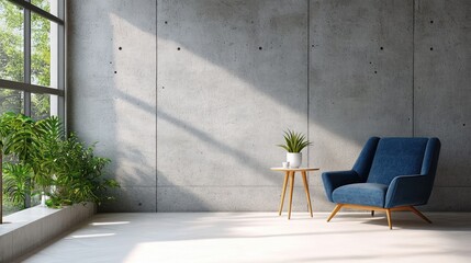 Modern minimalist interior with deep blue armchair and sleek table natural light and concrete wall design ideas