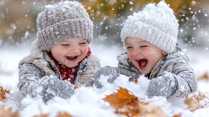Joyful toddlers playing in snowy autumn leaves