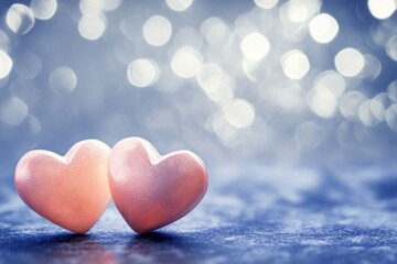 Fototapeta premium Pink heart decorations on a sparkling blue surface during a romantic evening event
