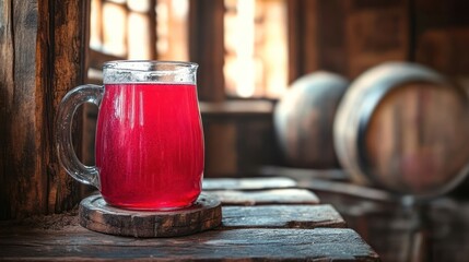 Red drink in glass mug on wooden surface.