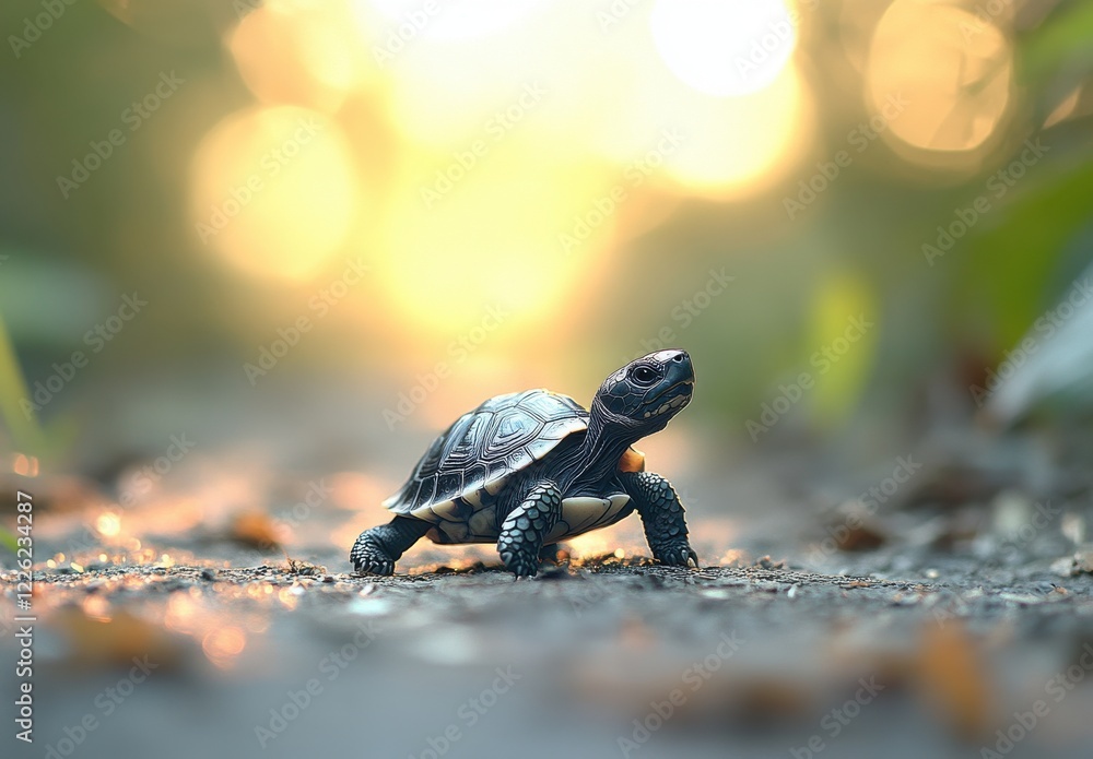Aufkleber small turtle walking on a sunlit path surrounded by greenery and natural bokeh effect in the backgro