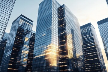 Skyscrapers reflecting golden sunlight in urban downtown area for modern architectural concepts and cityscapes : Generative AI