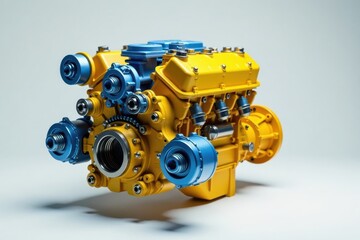 Fototapeta premium A Detailed Closeup of a Vibrant Yellow and Blue Internal Combustion Engine, Showcasing Intricate Mechanical Components and Precise Engineering