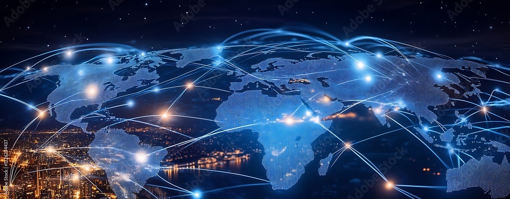 Aufkleber Global Digital Communication Network at Night with Abstract World Map and Light Connections : Generative AI