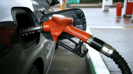 Red gas pump nozzle filling car fuel tank at gas station.