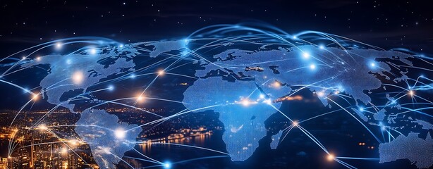 Global Digital Communication Network at Night with Abstract World Map and Light Connections : Generative AI