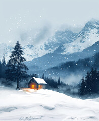Naklejka premium Minimalist Winter Landscape: Snowy Mountains, Cozy Cabin with Glowing Windows, Single Pine Tree, Soft Falling Snow, Muted Cool Tones, Warm Light, Serene Composition
