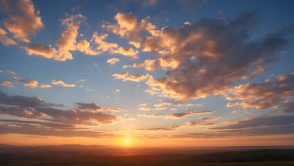 Obraz premium Golden clouds at sunset over flat land, are excellent for travel brochures, inspirational quotes, and nature-themed designs needing a dreamy background