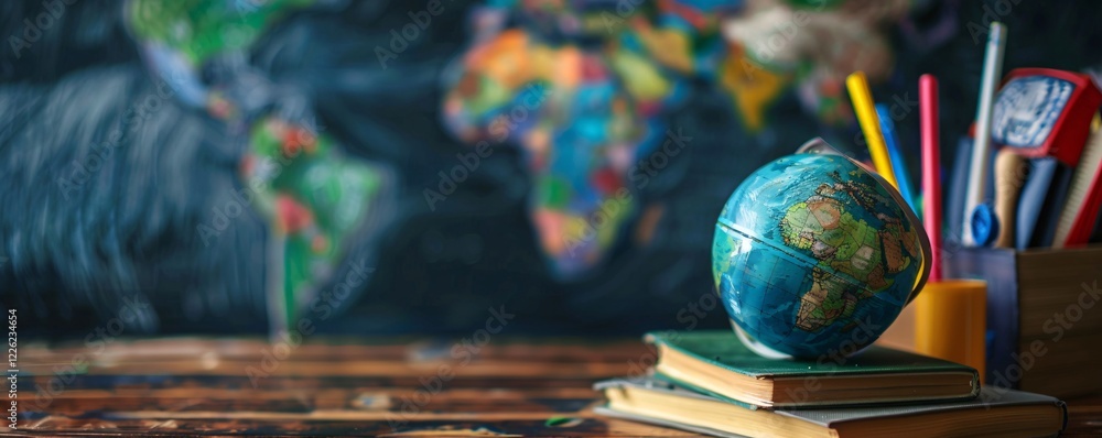 Aufkleber Globe is sitting on top of books with world map in background