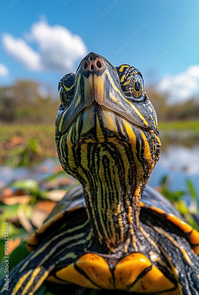 Poster striking close-up of a painted turtle with vivid patterns in a natural habitat under a clear blue sk