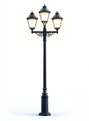 Three-light classic lamp post on white background.