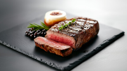 Delicious gourmet steak with herbs and sides on a black slate serving plate, highlighting culinary excellence and presentation