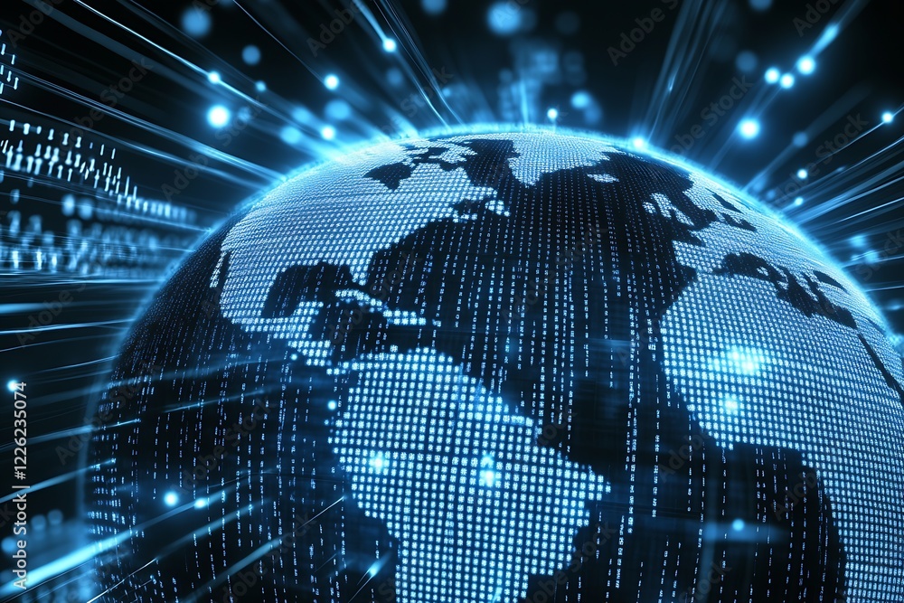 Poster Futuristic Digital Globe in Blue with Data Streams and Technological Connections : Generative AI