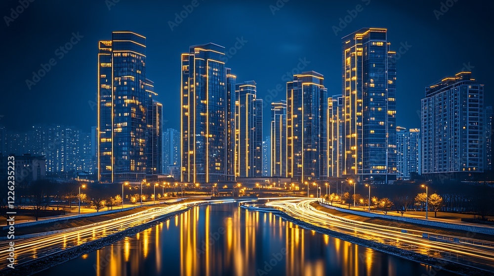 Poster dazzling night cityscape with illuminated skyscrapers and reflective river in urban metropolis : gen