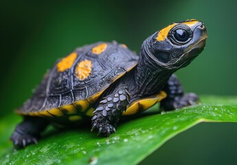 Fototapeta premium Stunning Close-Up of an Adorable Young Turtle with Distinctive Yellow Markings Relaxing on a Leaf Surrounded by Lush Greenery in Natural Habitat