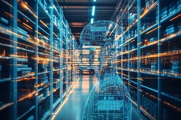 Obraz premium digital neural network hologram technology in futuristic library setting : Generative AI