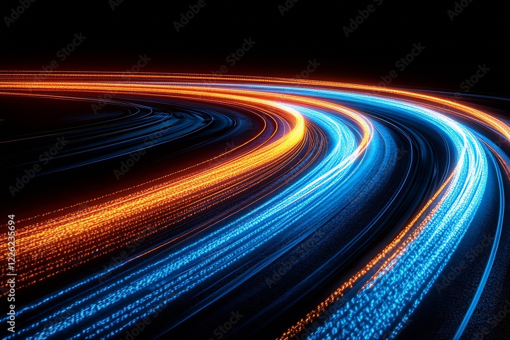 Poster dynamic blue and orange neon light trails depicting speed and innovation : generative ai