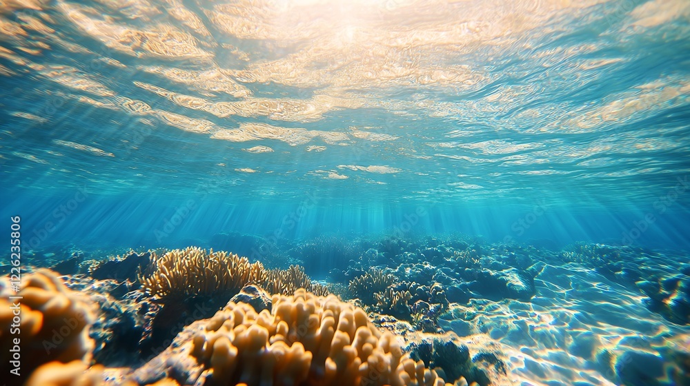 Poster Beautiful Ocean Underwater View with Coral Reefs Illuminated by Sun Rays : Generative AI