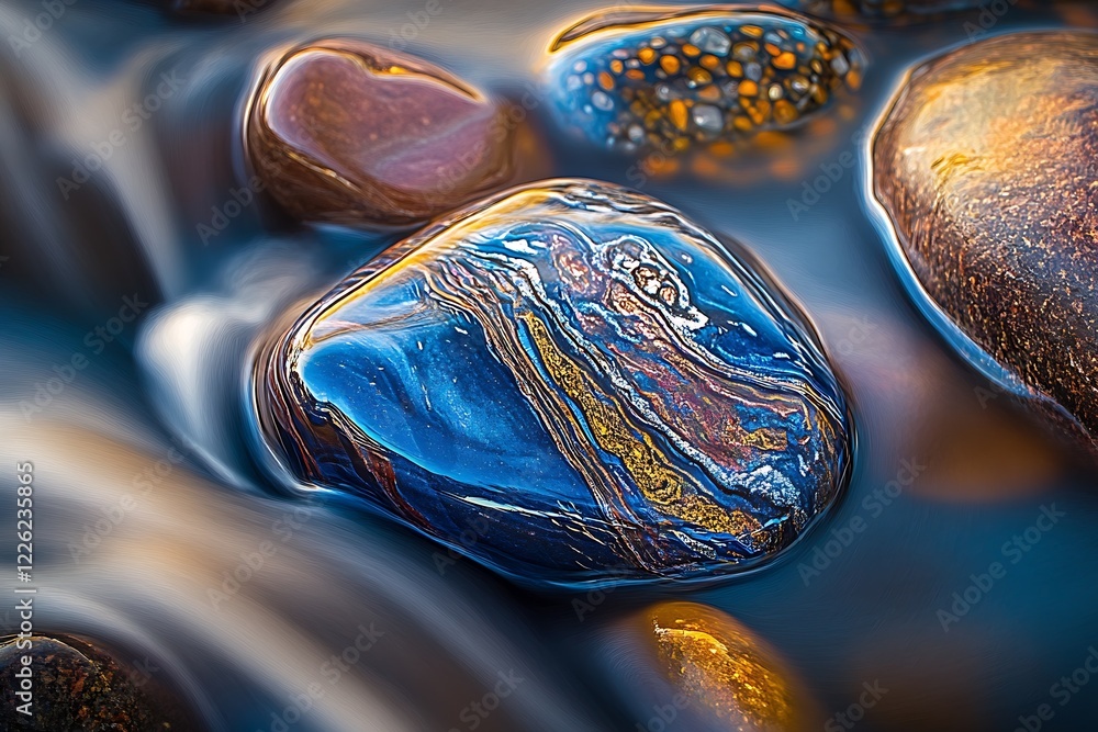 Poster abstract artistic shot of stream pebbles with vibrant colors : generative ai