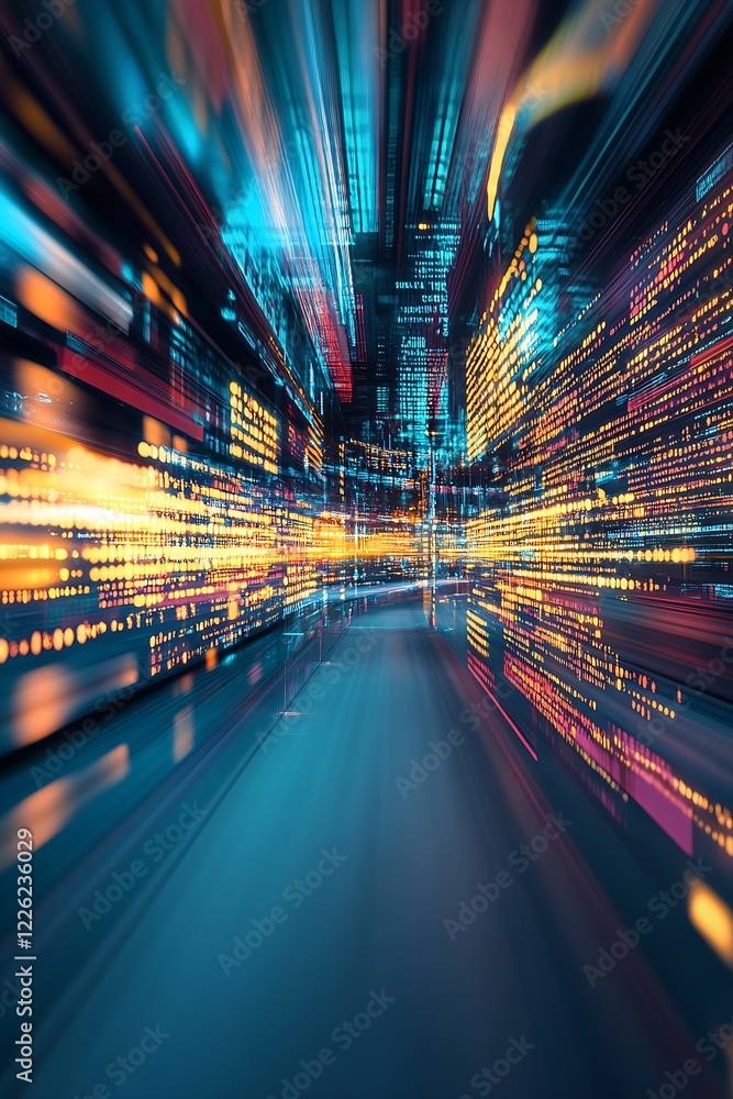 Poster high-tech visuals featuring motion blur and vivid digital light streaks : generative ai