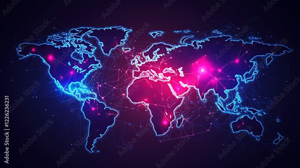 Poster digital neon world map in vibrant blue emphasizing international connectivity in modern technology :