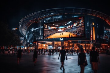 Obraz premium Modern urban landscape at night with illuminated stadium and bustling crowd reflecting vibrant city life : Generative AI