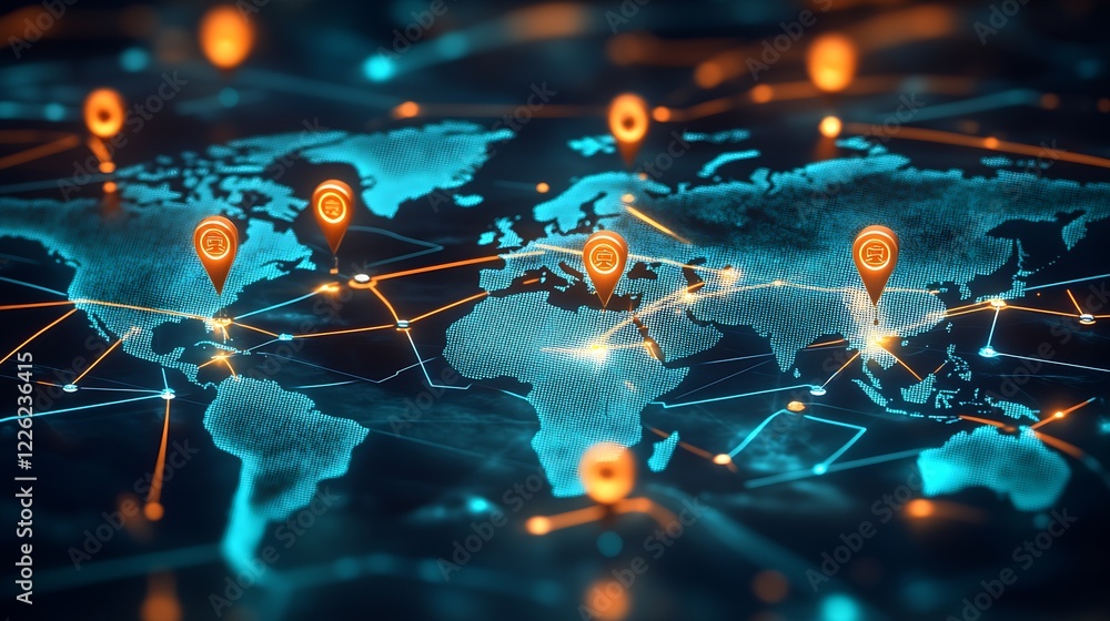 Aufkleber Networking in Digital World with Global Map and Connectivity Icons : Generative AI