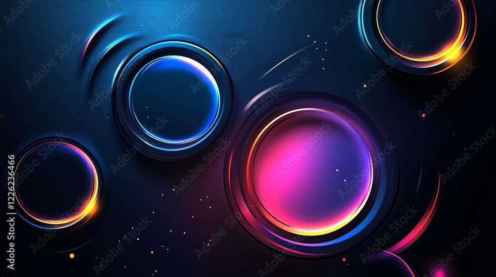 Poster abstract background with glowing circular shapes and small light particles on dark canvas