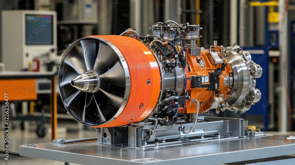 Poster close-up of a turboprop engine on a table in a factory.