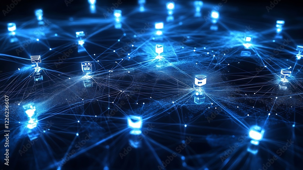 Aufkleber Digital blockchain network concept with interconnected cubes and lines on a dark background : Generative AI