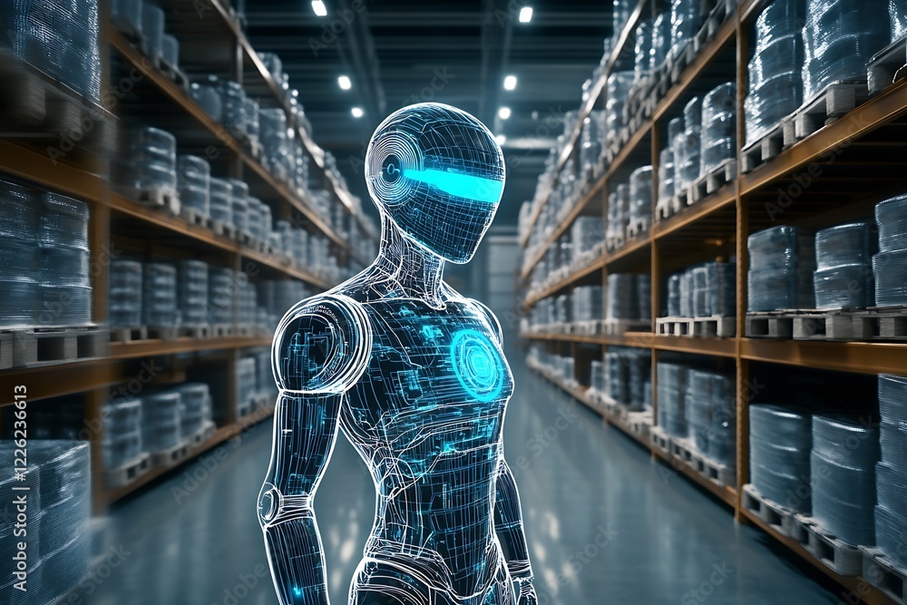 Fototapete Advanced Cybernetic Robot Navigating High-Tech Warehouse Environment : Generative AI