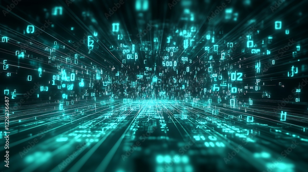 Aufkleber Complex binary code in teal hues depicting technological data structures : Generative AI