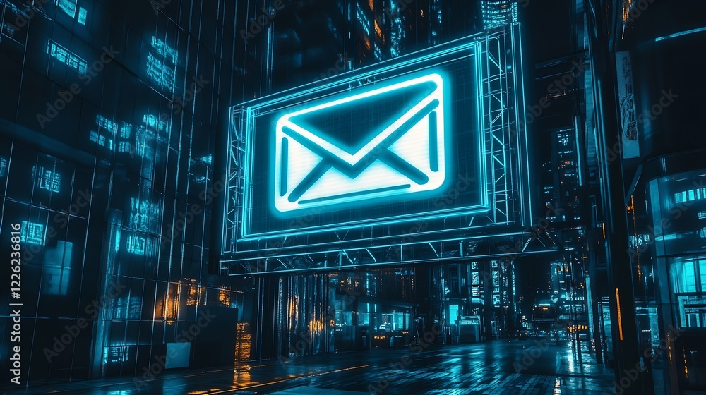 Poster neon envelope symbol in high tech cyberpunk urban cityscape at night display : generative ai