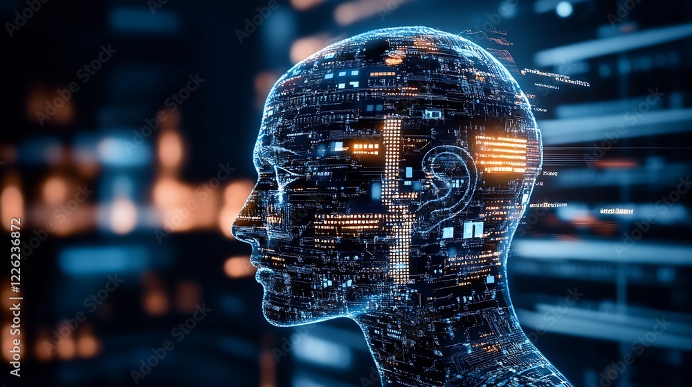Poster Profile of Digital Human in Neon Cybernetic Environment with Code Overlay : Generative AI