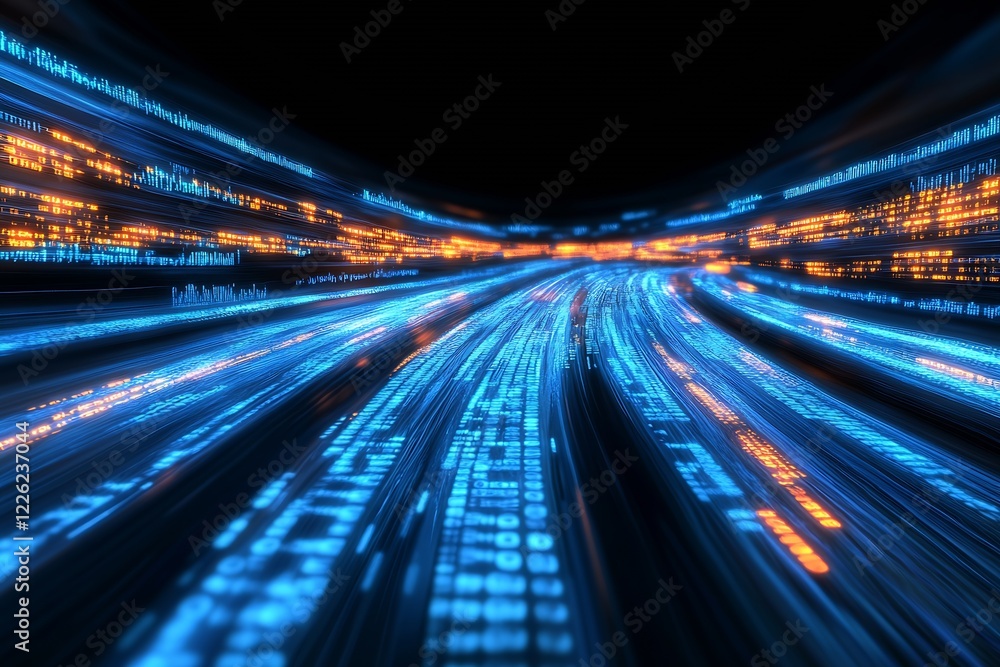 Aufkleber Dynamic Cyber Data Highway with Flowing Blue and Orange Digital Lights : Generative AI