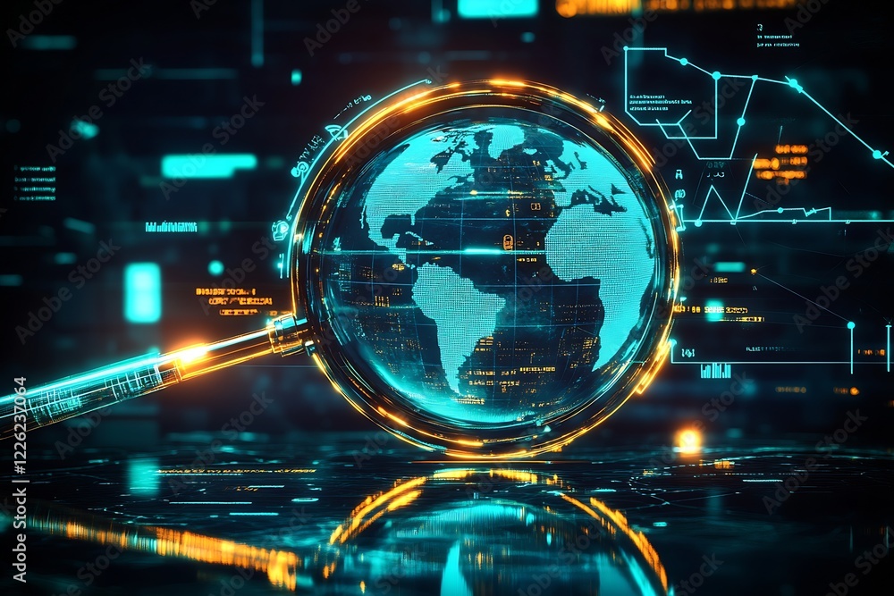 Poster Futuristic Technology and Data Visualization with Magnified Global Elements and Digital Interface : Generative AI
