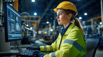 Female engineer monitoring industrial process on computer.