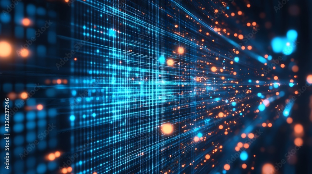Poster Futuristic Technology Background with Bright Digital Network Pattern in Orange and Blue Hues : Generative AI