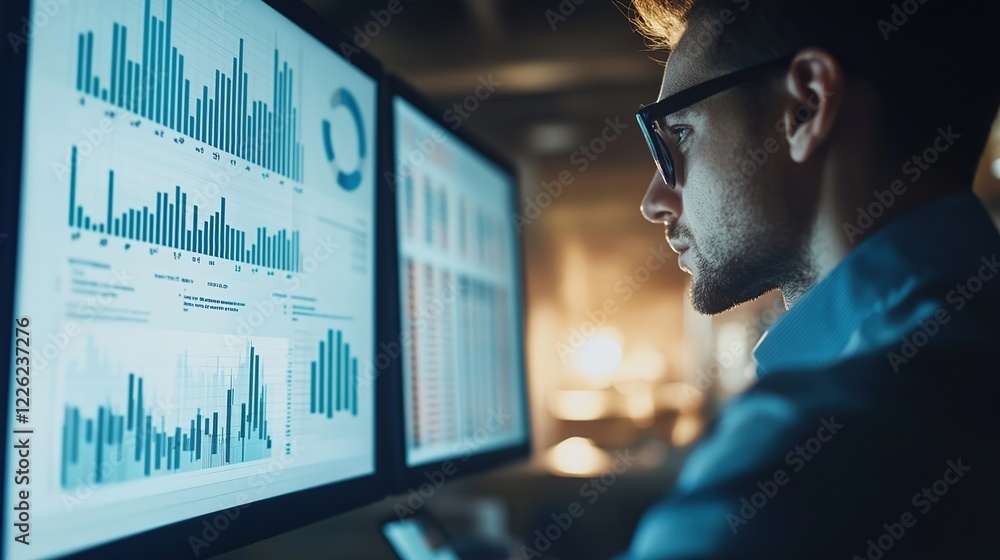 Aufkleber professional analysts work with computer screens displaying financial and stock market charts in the