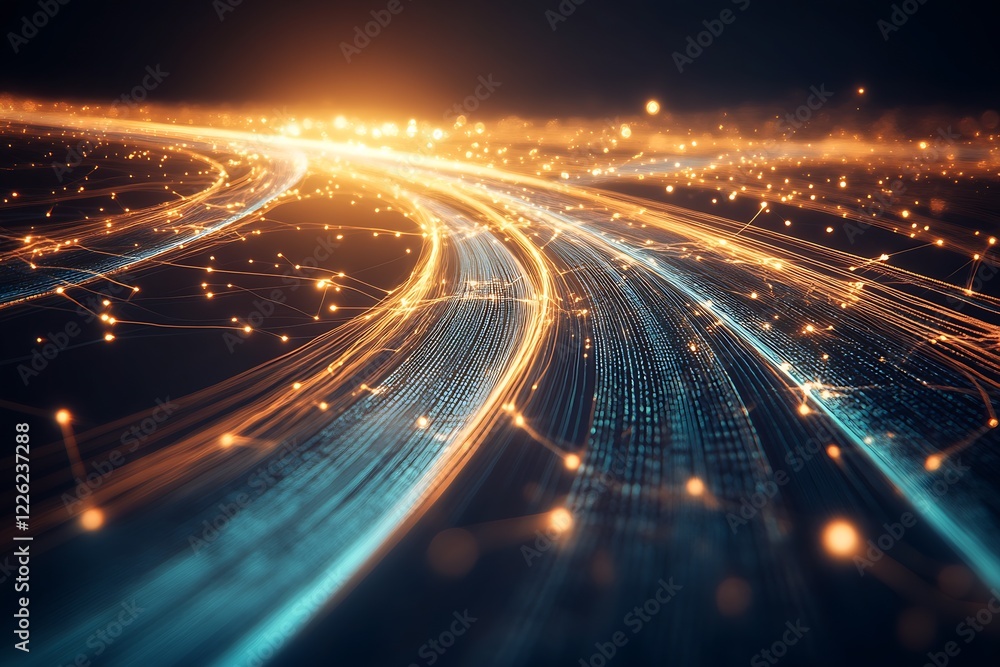 Poster radiant digital curves with glowing light trails in futuristic technology scene : generative ai