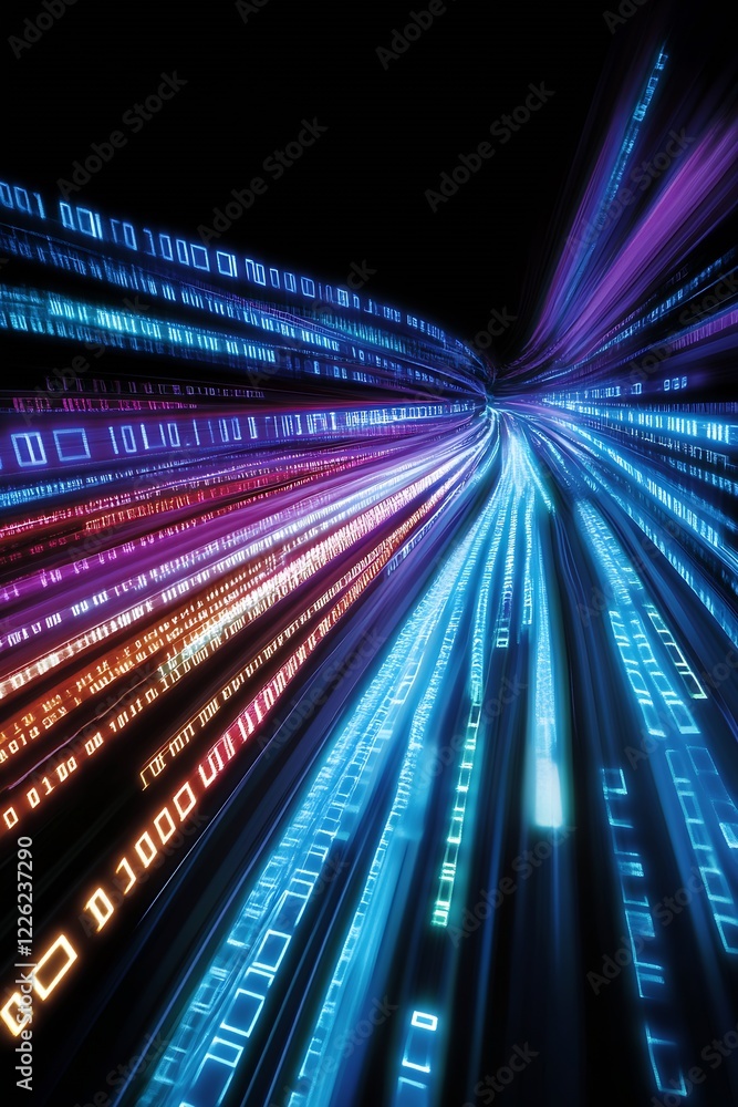 Aufkleber Vibrant Digital Data Stream in Motion with Bright Binary Code Flowing in Technological Tunnel : Generative AI