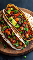 Vegan taco with beans, avocado, and salsa, served in soft corn tortilla, soft light and clean food styling
