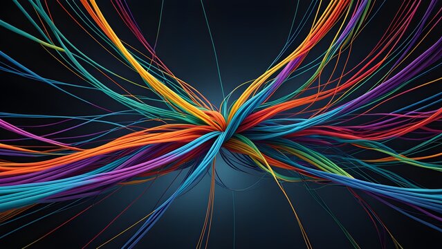 Abstract background of vibrant, interwoven colorful strands converging in a central knot against a dark backdrop.