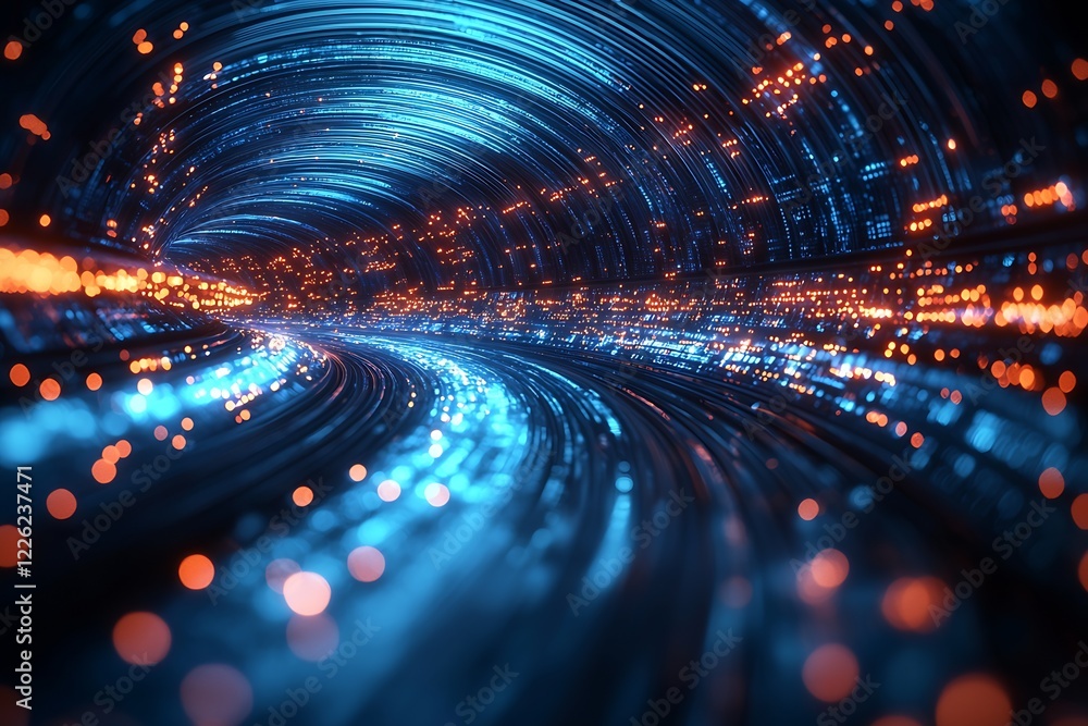 Poster futuristic glowing tunnel of blue and orange digital light with dynamic energy : generative ai