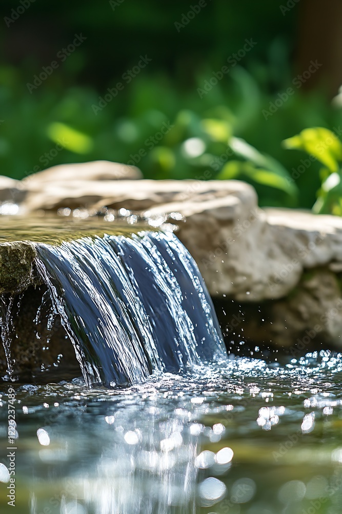 Poster Serene Waterfall Cascading Over Natural Stone in Lush Greenery Creating Tranquil Atmosphere : Generative AI
