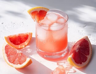 Refreshing grapefruit drink with ice in glass, surrounded by grapefruit slices on white background.